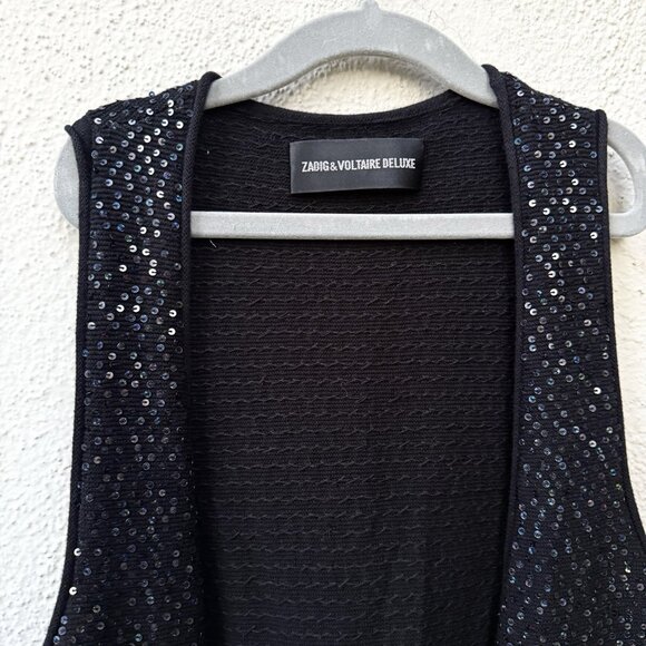 Zadig & Voltaire Dublin Deluxe Size S Black Sequined Vest Open Front Cotton - Picture 2 of 8